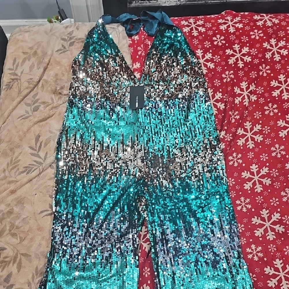 Fashion Nova Teal and Silver Sequin Jumpsuit * SUPER BLINGY*